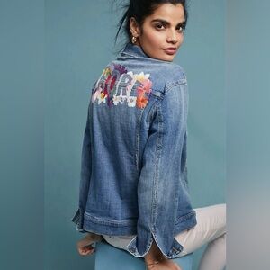 Anthropologie Pilcro XS Embroidered Denim Jacket AMORE Floral Boho Jean Jacket